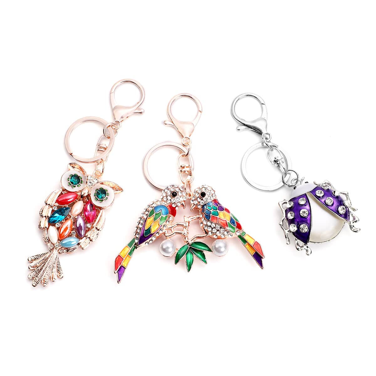 Set of 3 Multi Color Austrian Crystal, Enameled Animal Keychain in Rosetone image number 0