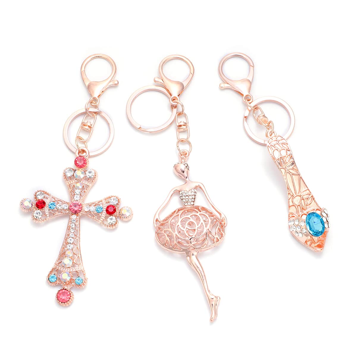 Set of 3 Multi Color Austrian Crystal, Enameled Dancing Girl, Heel and Cross Keychain in Rosetone image number 0