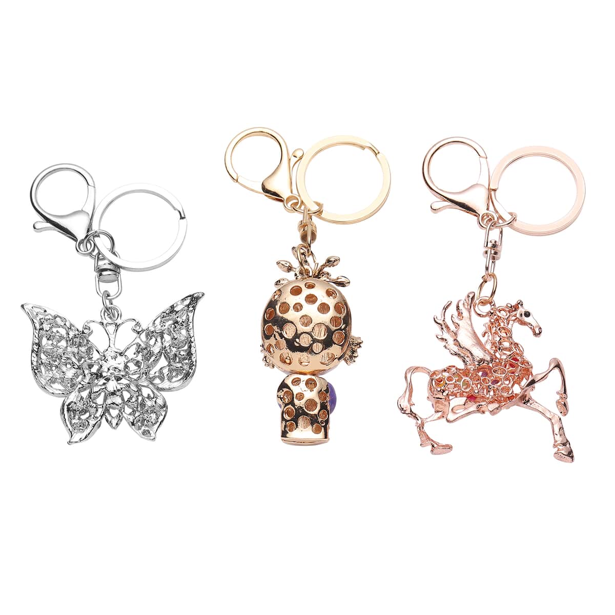Set of 3 Multi Color Austrian Crystal, Enameled Butterfly, Unicorn and Baby Doll Keychain in Rosetone image number 2