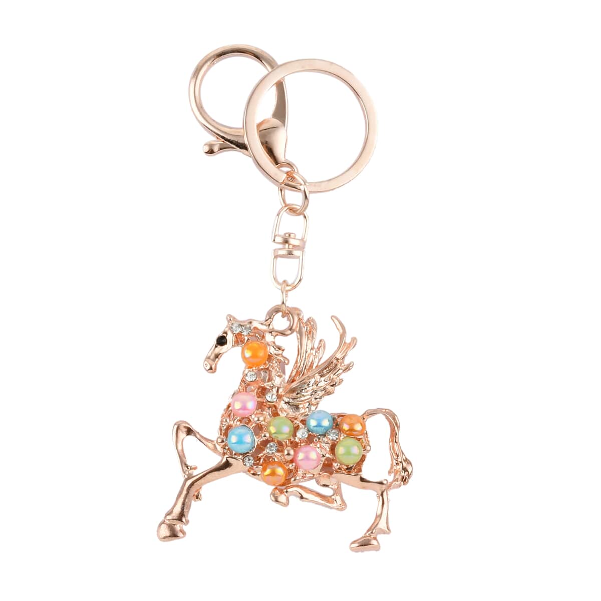 Set of 3 Multi Color Austrian Crystal, Enameled Butterfly, Unicorn and Baby Doll Keychain in Rosetone image number 3
