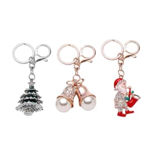 Set of 3 Multi Color Austrian Crystal, Enameled Jingle Bell, Christmas Tree & Santa Claus Keychain in Dualtone