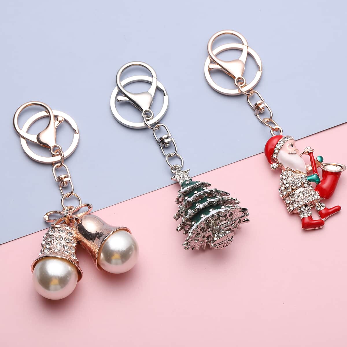 Set of 3 Multi Color Austrian Crystal, Enameled Jingle Bell, Christmas Tree & Santa Claus Keychain in Dualtone image number 1