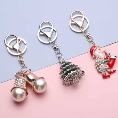 Set of 3 Multi Color Austrian Crystal, Enameled Jingle Bell, Christmas Tree & Santa Claus Keychain in Dualtone image number 1