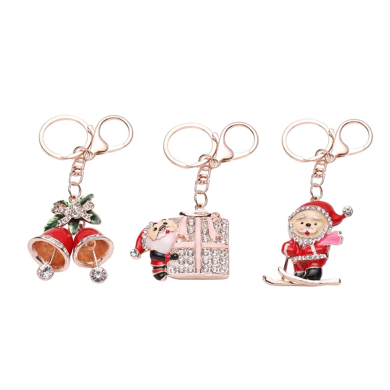 Set of 3 Multi Color Austrian Crystal, Enameled Skiing Santa, Jingle Bells & Christmas Present Keychain in Rosetone