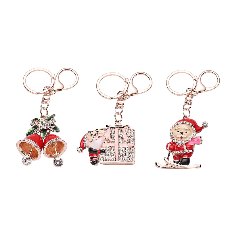 Set of 3 Multi Color Austrian Crystal, Enameled Skiing Santa, Jingle Bells & Christmas Present Keychain in Rosetone