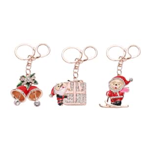 Set of 3 Multi Color Austrian Crystal, Enameled Skiing Santa, Jingle Bells & Christmas Present Keychain in Rosetone