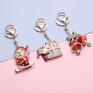 Set of 3 Multi Color Austrian Crystal, Enameled Skiing Santa, Jingle Bells & Christmas Present Keychain in Rosetone