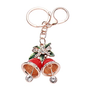 Set of 3 Multi Color Austrian Crystal, Enameled Skiing Santa, Jingle Bells & Christmas Present Keychain in Rosetone