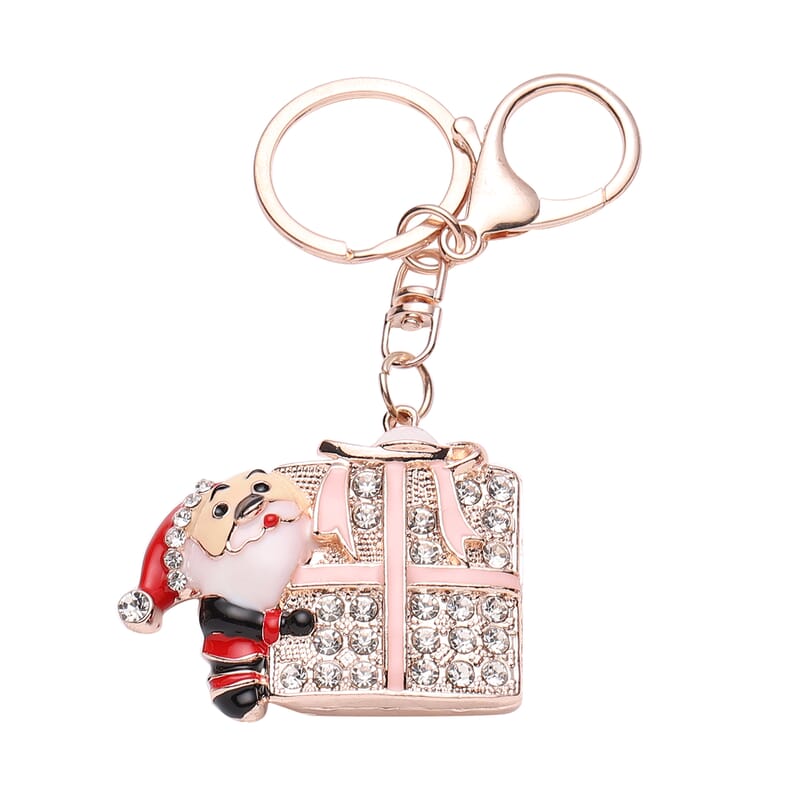 Set of 3 Multi Color Austrian Crystal, Enameled Skiing Santa, Jingle Bells & Christmas Present Keychain in Rosetone