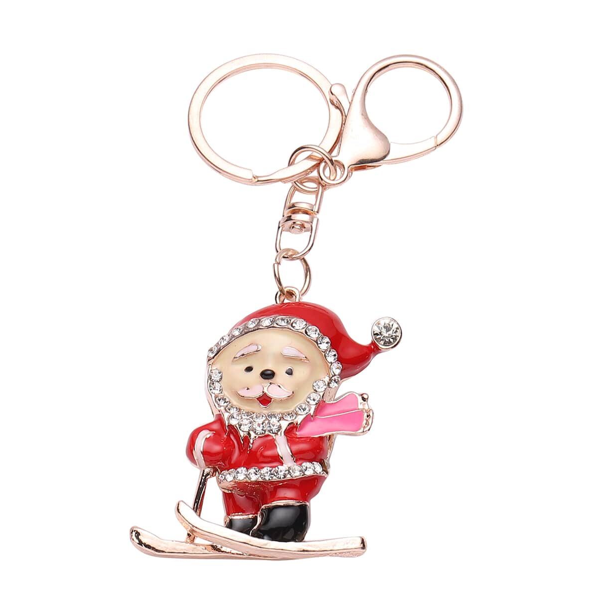 Set of 3 Multi Color Austrian Crystal, Enameled Skiing Santa, Jingle Bells & Christmas Present Keychain in Rosetone image number 4