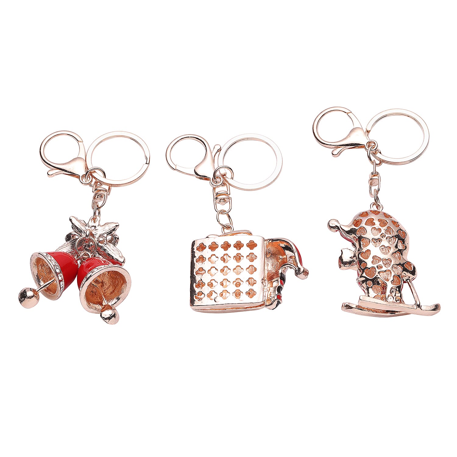 Set of 3 Multi Color Austrian Crystal, Enameled Skiing Santa, Jingle Bells & Christmas Present Keychain in Rosetone