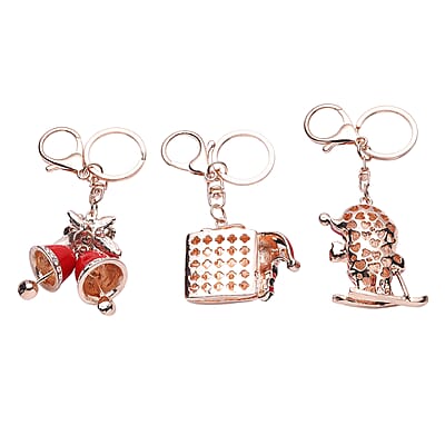Set of 3 Multi Color Austrian Crystal, Enameled Skiing Santa, Jingle Bells & Christmas Present Keychain in Rosetone