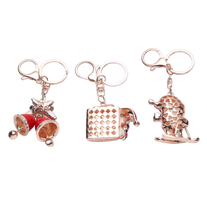 Set of 3 Multi Color Austrian Crystal, Enameled Skiing Santa, Jingle Bells & Christmas Present Keychain in Rosetone