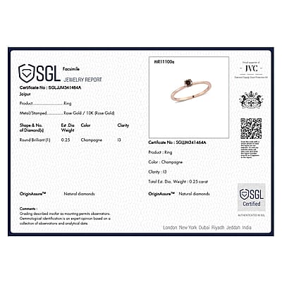 SGL Certified Luxoro 10K Rose Gold Natural Champagne Diamond Solitaire Ring (Size 10.0) 0.25 ctw