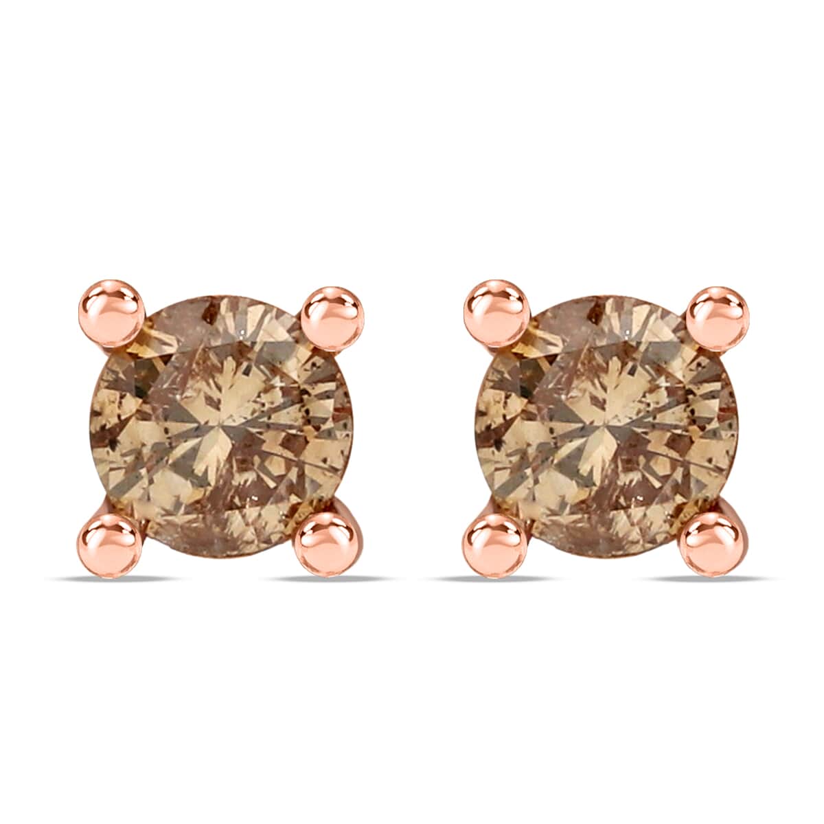 10K Rose Gold Natural Champagne Diamond Earrings, Diamond Studs, Solitaire Diamond Earrings, Engagement Gifts For Her 0.50 ctw image number 0