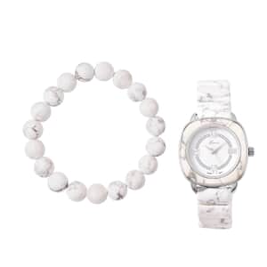 Set of 2 White Howlite Beaded Stretch Bracelet and Genoa Miyota Japanese Movement Bracelet Watch with Square Shape White Howlite Strap (6.5-7.00In) 169.00 ctw