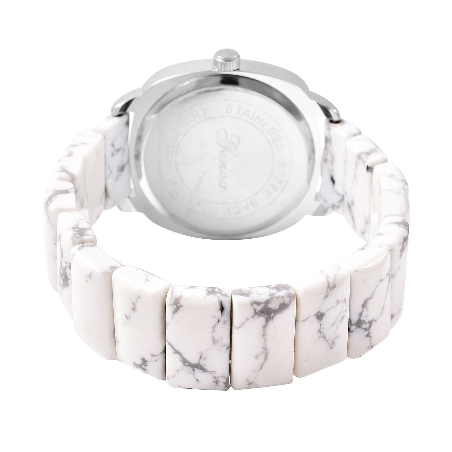 Set of 2 White Howlite 169.00 ctw Beaded Stretch Bracelet and Genoa Miyota Japanese Movement Bracelet Watch with Square Shape White Howlite Strap (6.5-7.00In)