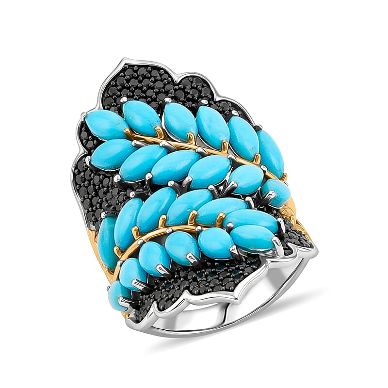 Sleeping Beauty Turquoise and Thai Black Spinel 8.40 ctw Ring in Rhodium, Vermeil YG Over Sterling Silver (Size 7.0)