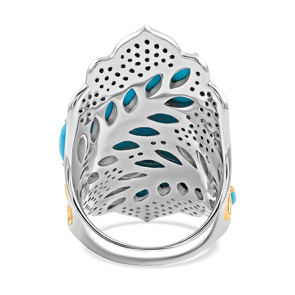 Sleeping Beauty Turquoise and Thai Black Spinel 8.40 ctw Ring in Rhodium, Vermeil YG Over Sterling Silver (Size 7.0) image number 4