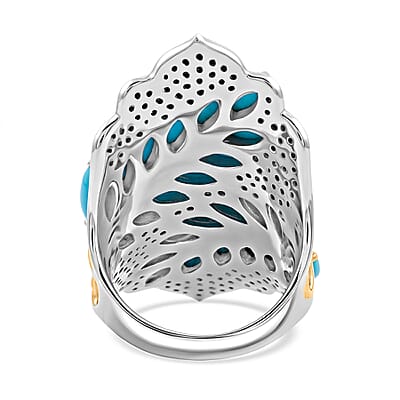 Sleeping Beauty Turquoise and Thai Black Spinel 8.40 ctw Ring in Rhodium, Vermeil YG Over Sterling Silver (Size 7.0)