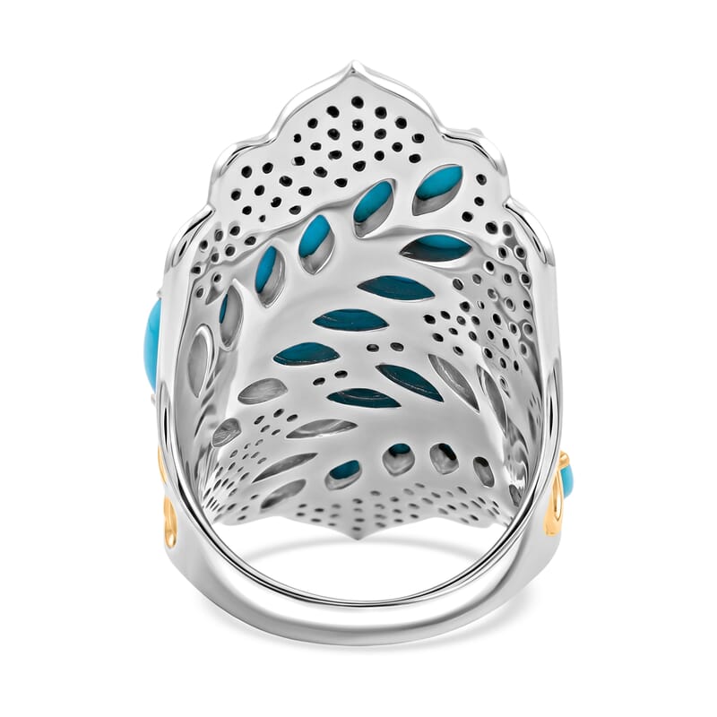 Sleeping Beauty Turquoise and Thai Black Spinel 8.40 ctw Ring in Rhodium, Vermeil YG Over Sterling Silver (Size 7.0)