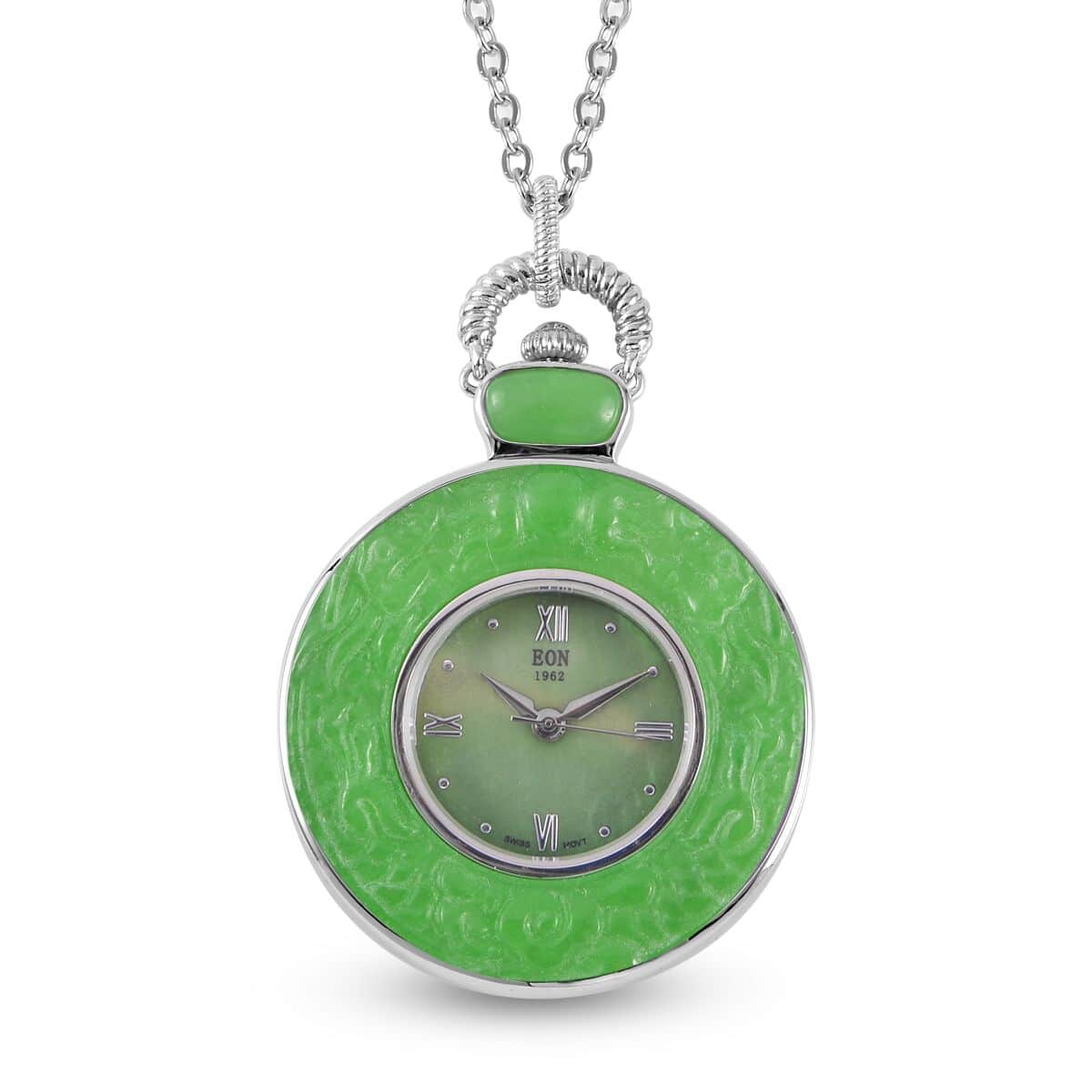 Doorbuster EON 1962 Swiss Movement Green Jade Carved Two Dragons Pocket Watch with 32 Inches Stainless Steel Chain image number 0