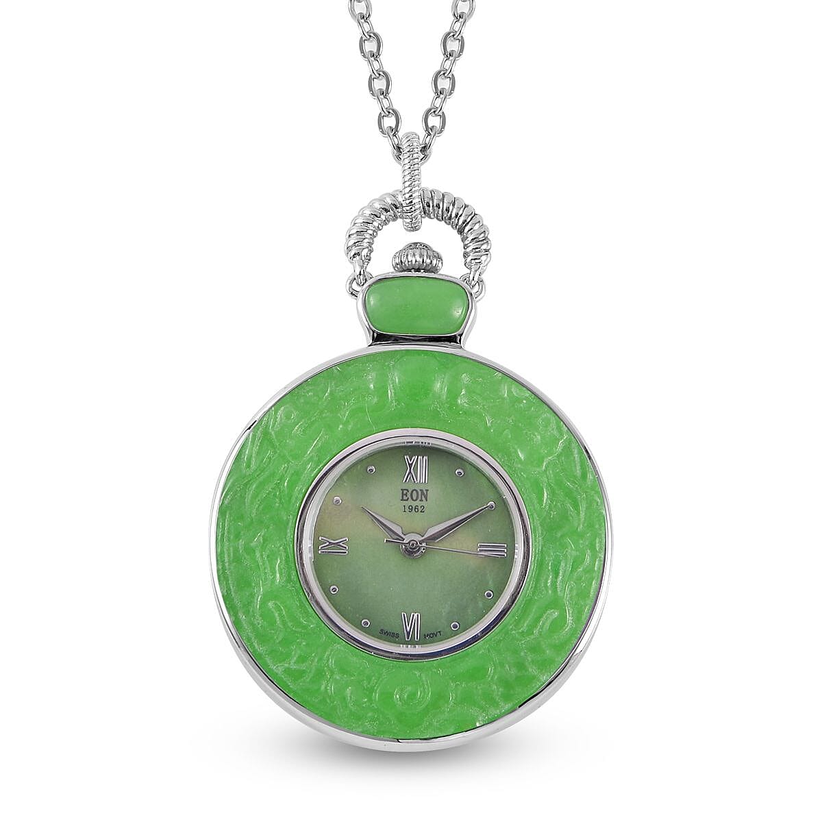 Eon 1962 Swiss Movement Green Jade (D) Carved Two Dragons Pocket Watch with 32 Inches Stainless Steel Chain image number 0