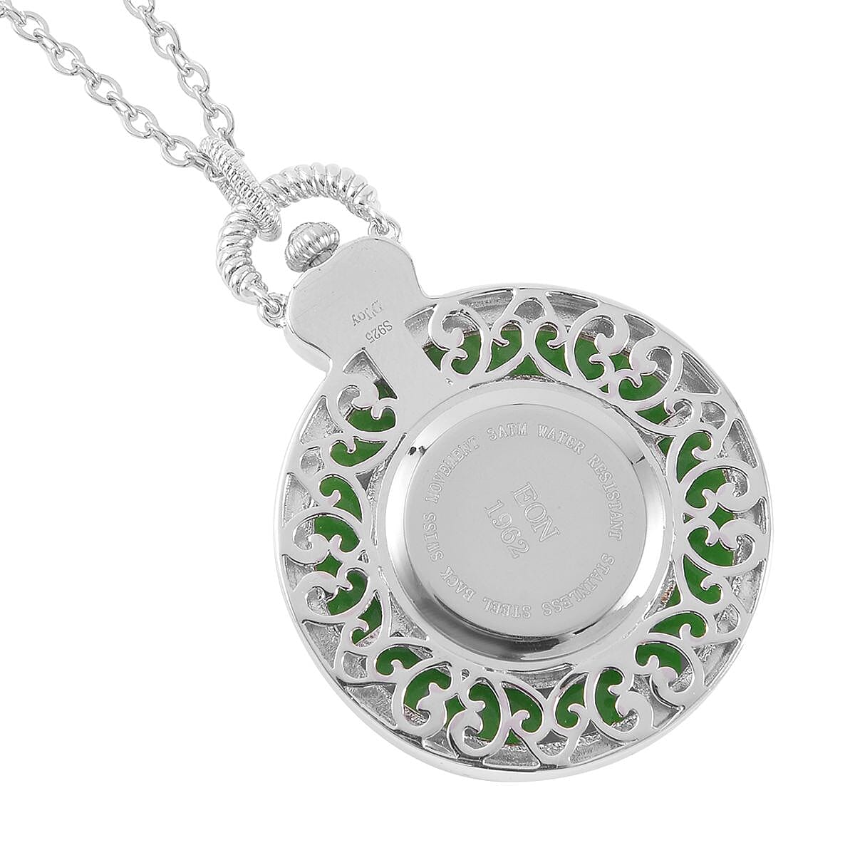 Eon 1962 Swiss Movement Green Jade (D) Carved Two Dragons Pocket Watch with 32 Inches Stainless Steel Chain