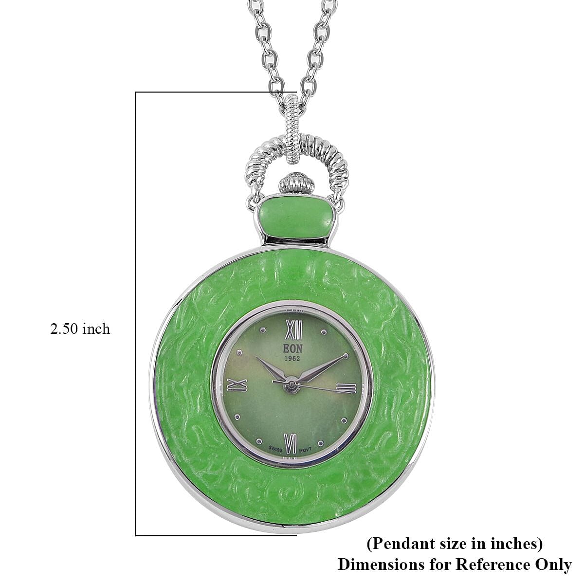 Eon 1962 Swiss Movement Green Jade (D) Carved Two Dragons Pocket Watch with 32 Inches Stainless Steel Chain