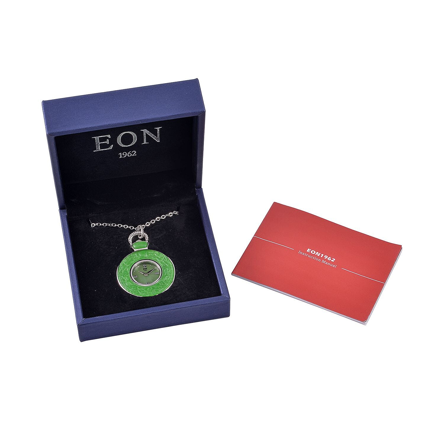 Eon 1962 Swiss Movement Green Jade (D) Carved Two Dragons Pocket Watch with 32 Inches Stainless Steel Chain