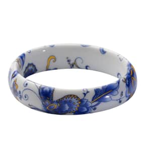 Blue Ceramic Bangle Bracelet, Flower Bangles, Floral Jewelry For Women (8.50 In)