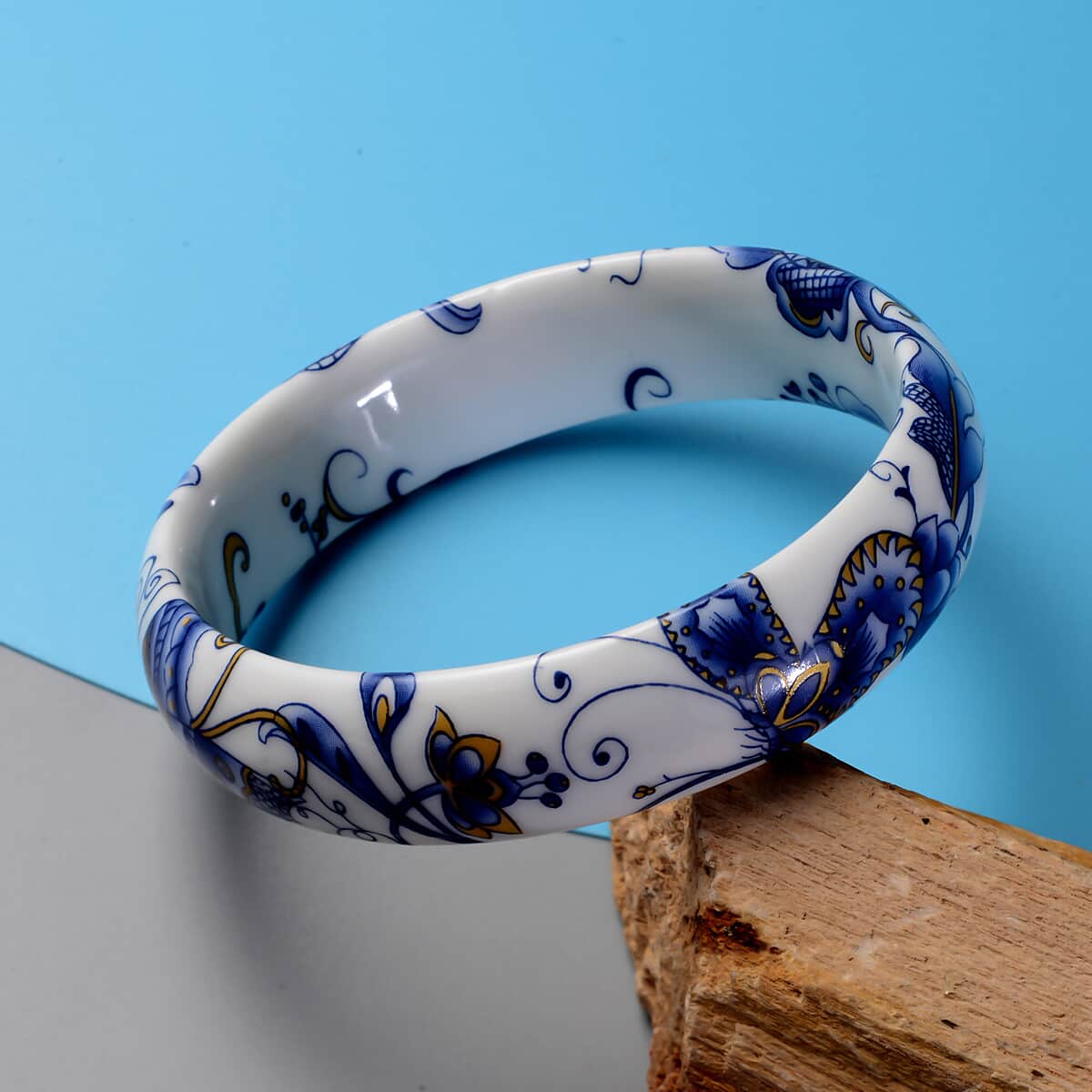 Blue Ceramic Bangle Bracelet, Flower Bangles, Floral Jewelry For Women (8.50 In) image number 1