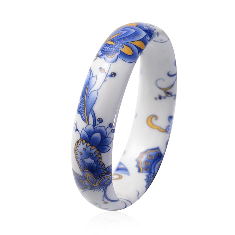 Blue Ceramic Bangle Bracelet, Flower Bangles, Floral Jewelry For Women (8.50 In)