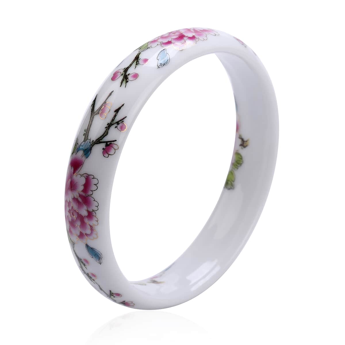 White Ceramic Bangle Bracelet, Peony Pattern Bangles, Jewelry Gifts For Women (8.50 In) image number 0