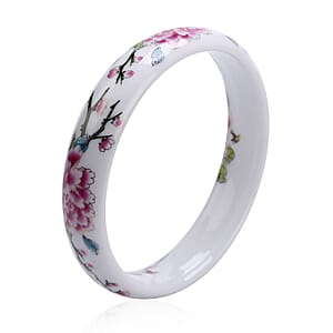 White Ceramic Bangle Bracelet, Peony Pattern Bangles, Jewelry Gifts For Women (8.50 In)