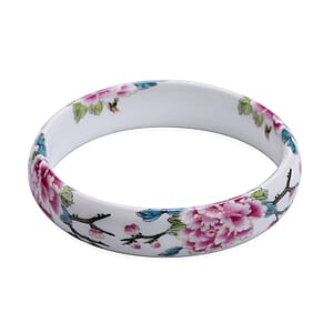 White Ceramic Bangle Bracelet, Peony Pattern Bangles, Jewelry Gifts For Women (8.50 In)