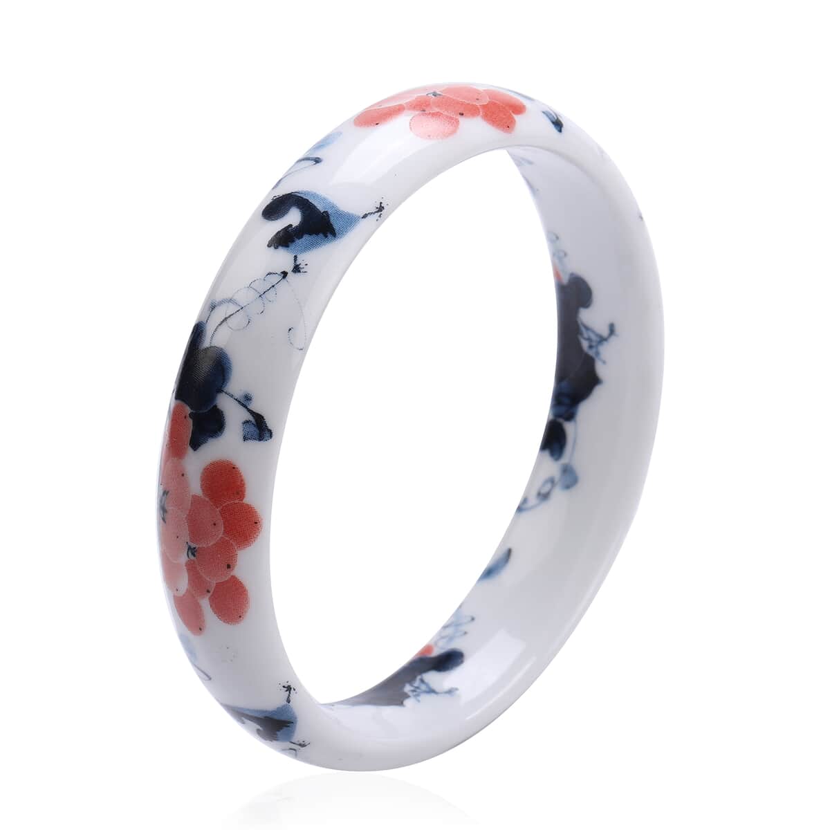 White Ceramic Bangle Bracelet, Safflower Pattern Bangles, Floral Jewelry For Women (8.50 In) image number 0