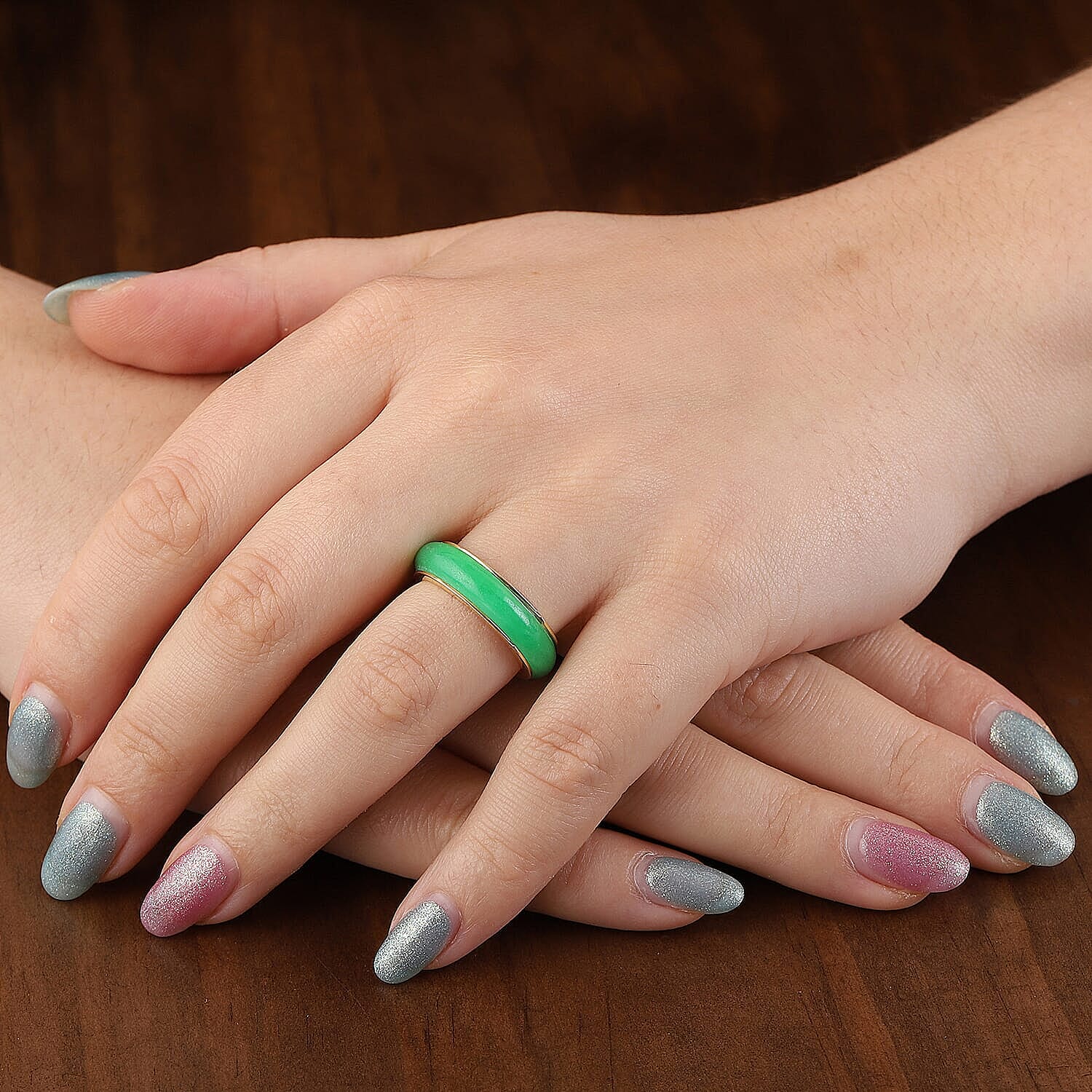 Green Jade Spinner Band Ring in Vermeil Yellow Gold Over Sterling Silver (Size 10.0) 15.00 ctw