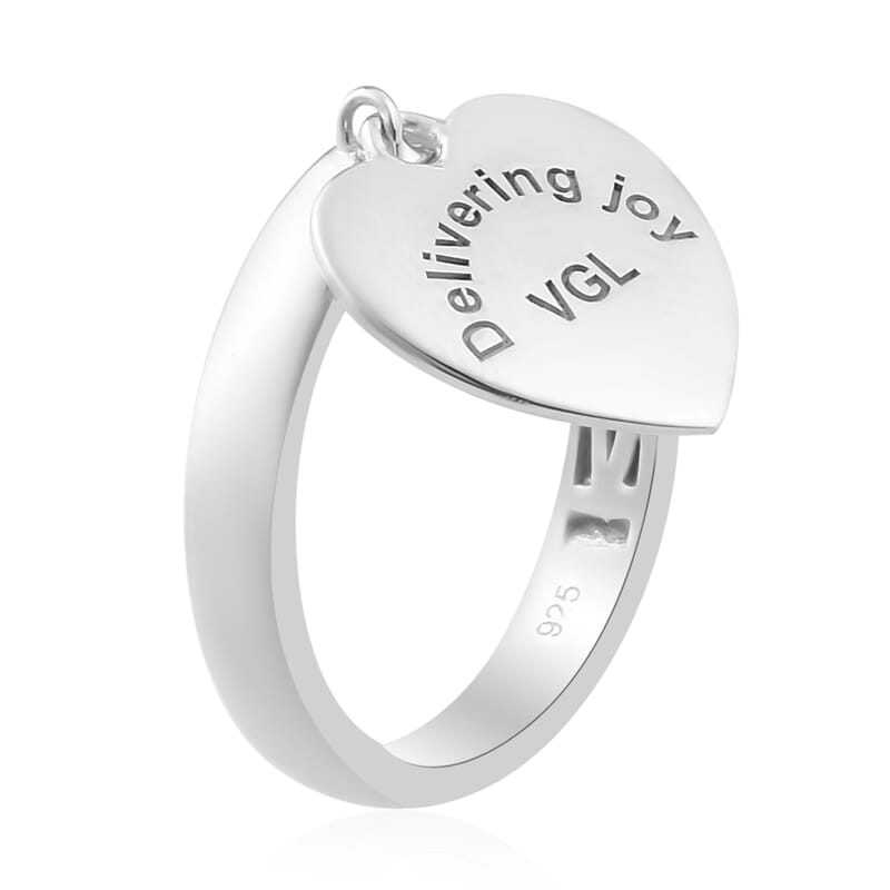 Platinum Over Sterling Silver Ring Engraved Charm (Size 7.0) (3.60 g)