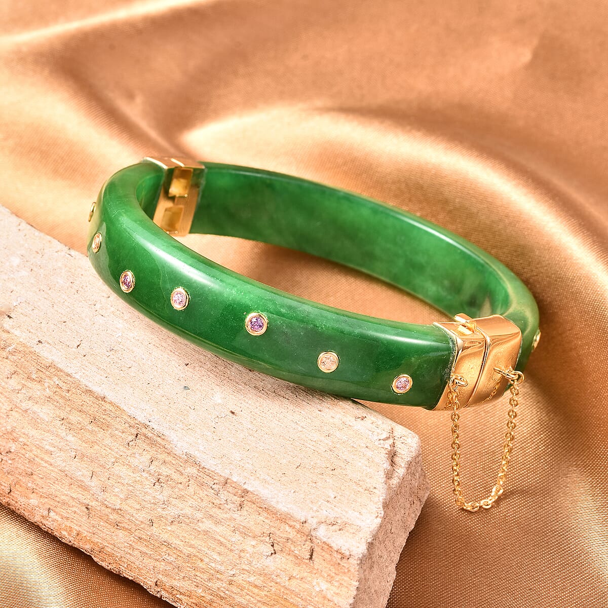 Green Jade Bangle Bracelet in 14K Yellow Gold Over Sterling Silver (7.25 in) Made with Finest Multi Color CZ 13.20 Grams 191.00 ctw image number 1