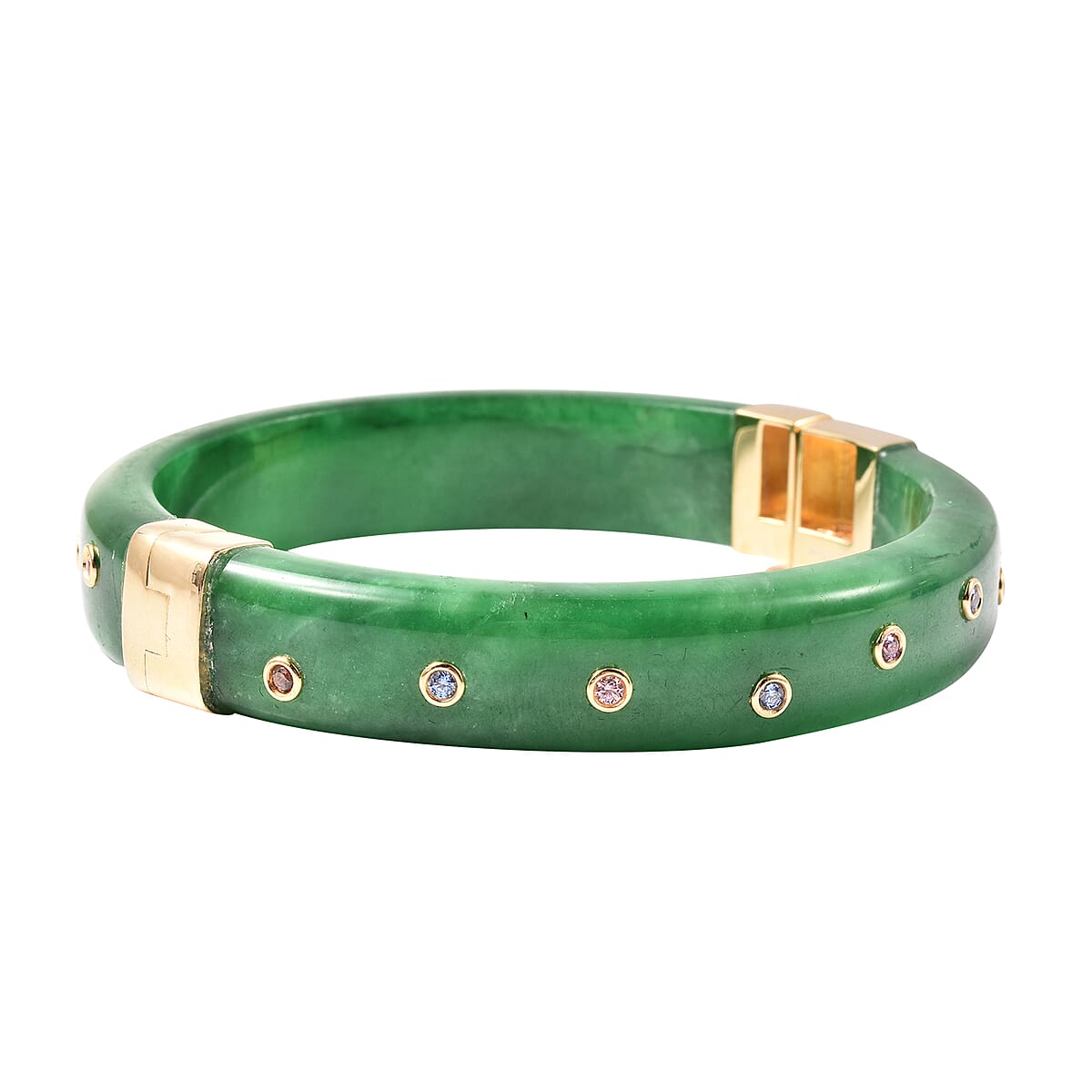 Green Jade Bangle Bracelet in 14K Yellow Gold Over Sterling Silver (7.25 in) Made with Finest Multi Color CZ 13.20 Grams 191.00 ctw image number 4