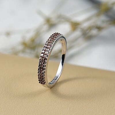 D'Joy Natural Champagne Diamond Double Row Band Ring in Rhodium Over Sterling Silver 0.24 ctw (Size 10.0)