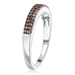 D'Joy Natural Champagne Diamond Double Row Band Ring in Rhodium Over Sterling Silver 0.24 ctw (Size 10.0)