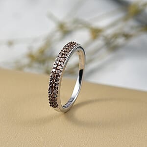 D'Joy Natural Champagne Diamond Double Row Band Ring in Rhodium Over Sterling Silver 0.24 ctw (Size 6.0)