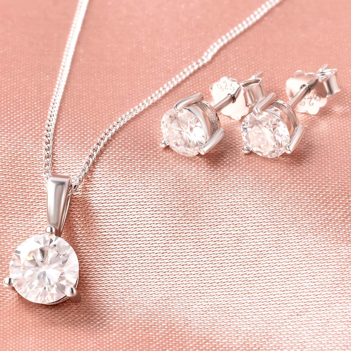 Moissanite VS EF Stud Earrings and Pendant Necklace 18 Inches in Sterling Silver 1.80 ctw image number 1