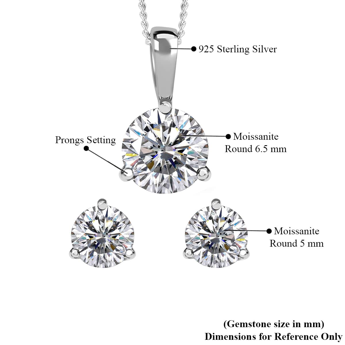 Moissanite VS EF Stud Earrings and Pendant Necklace 18 Inches in Sterling Silver 1.80 ctw image number 7
