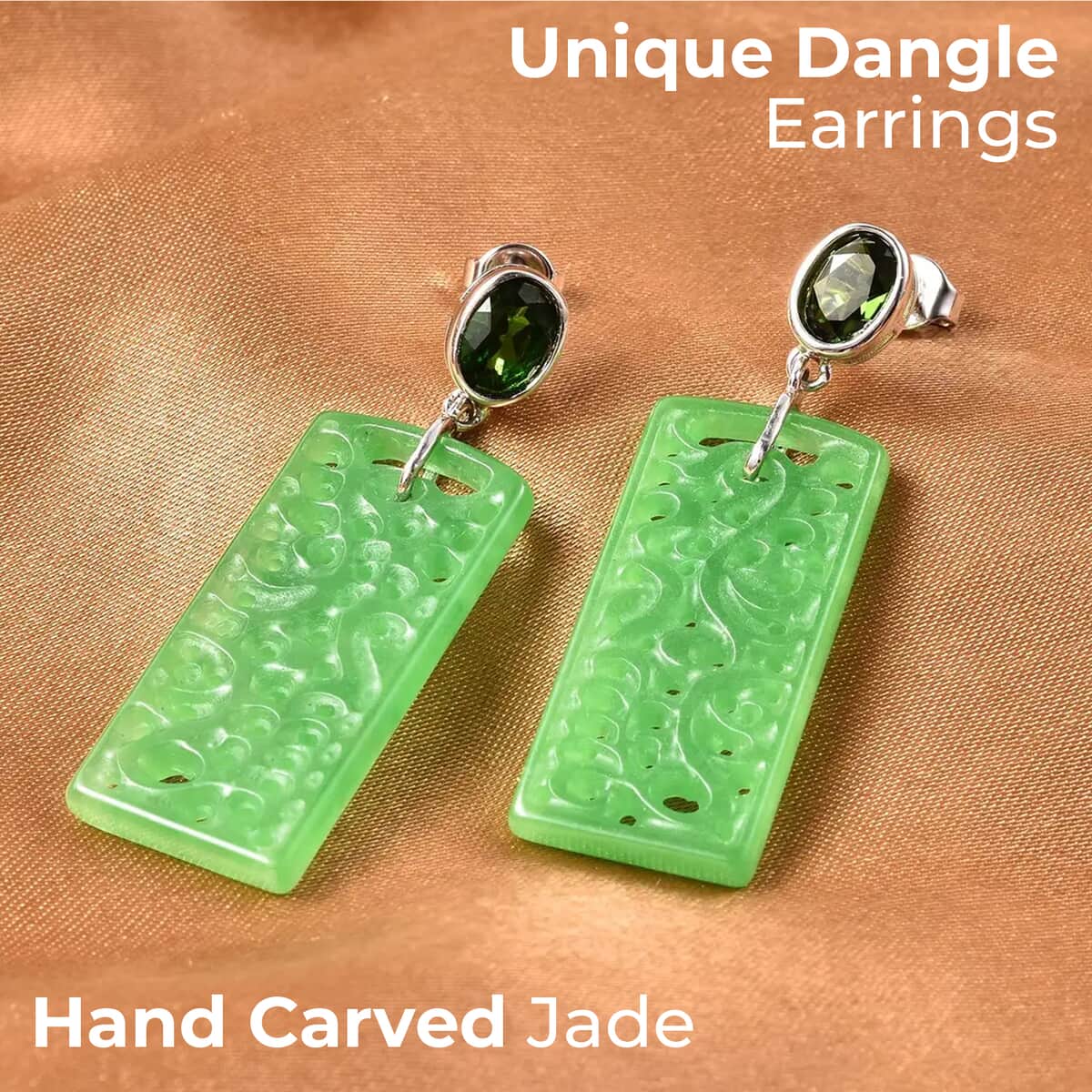 Carved Green Jade Dangle Earrings, Green Jade Earrings, Chrome Diopside Accent Earrings, Rhodium Over Sterling Silver Earrings 38.85 ctw image number 1