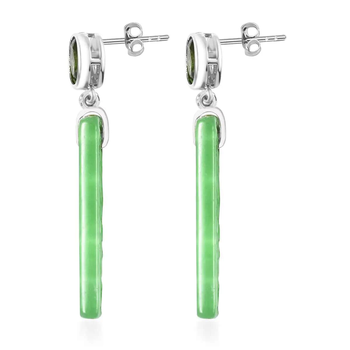 Carved Green Jade Dangle Earrings, Green Jade Earrings, Chrome Diopside Accent Earrings, Rhodium Over Sterling Silver Earrings 38.85 ctw image number 4