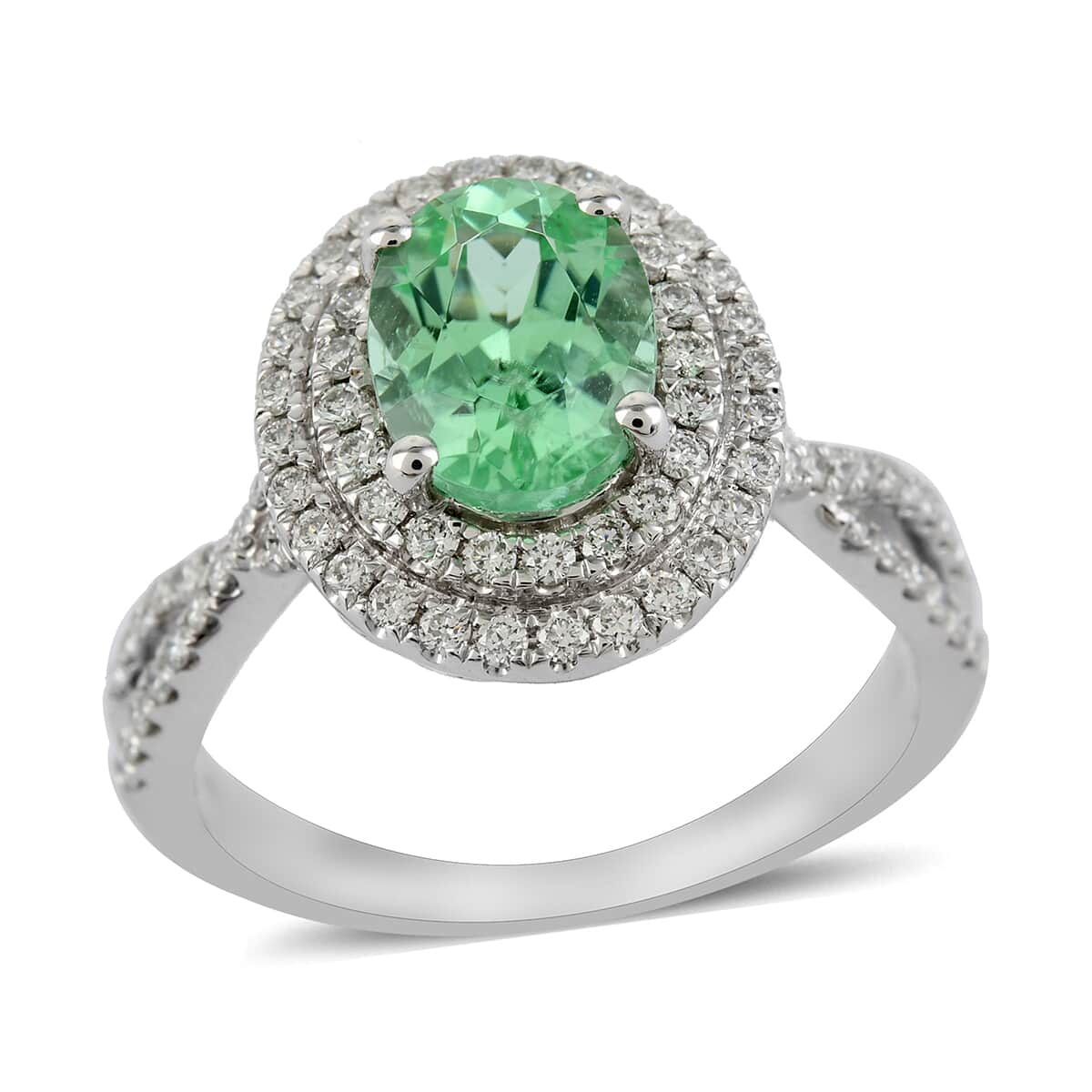 RHAPSODY 950 Platinum AAAA Paraiba Tourmaline and Diamond E-F VS Double Halo Ring (Size 7.0) 6 Grams 2.00 ctw image number 0