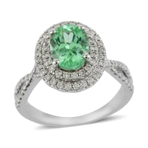 RHAPSODY 950 Platinum AAAA Paraiba Tourmaline and Diamond E-F VS Double Halo Ring (Size 7.0) 6 Grams 2.00 ctw